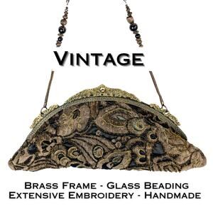 VTG Edwardian Style Crescent Bag Brown Gold Embroidery Beaded Ornate Brass Frame